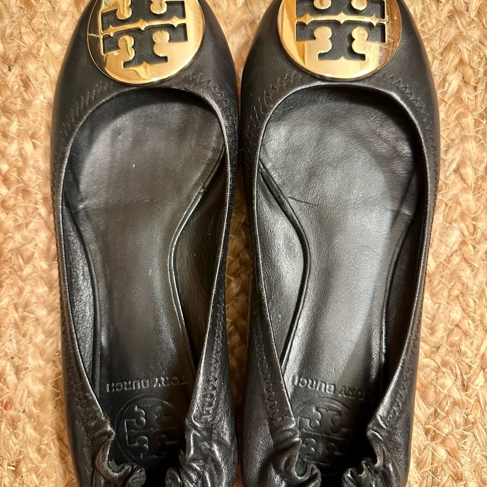 Tory Burch Black Flats with Gold Emblem